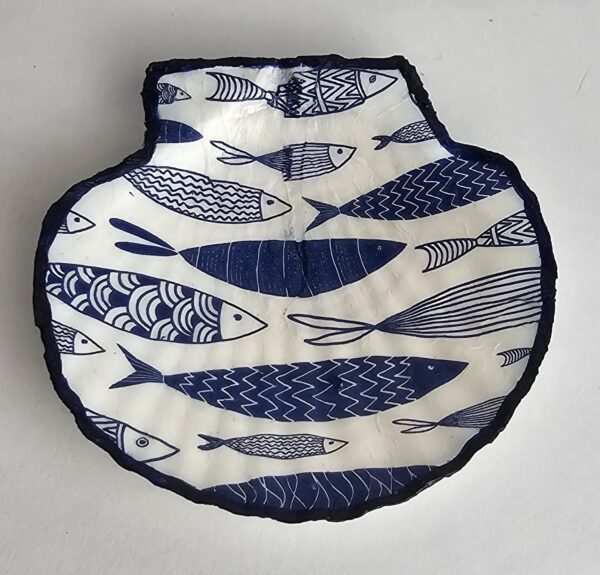 Blue Fish decoupage scallop shell